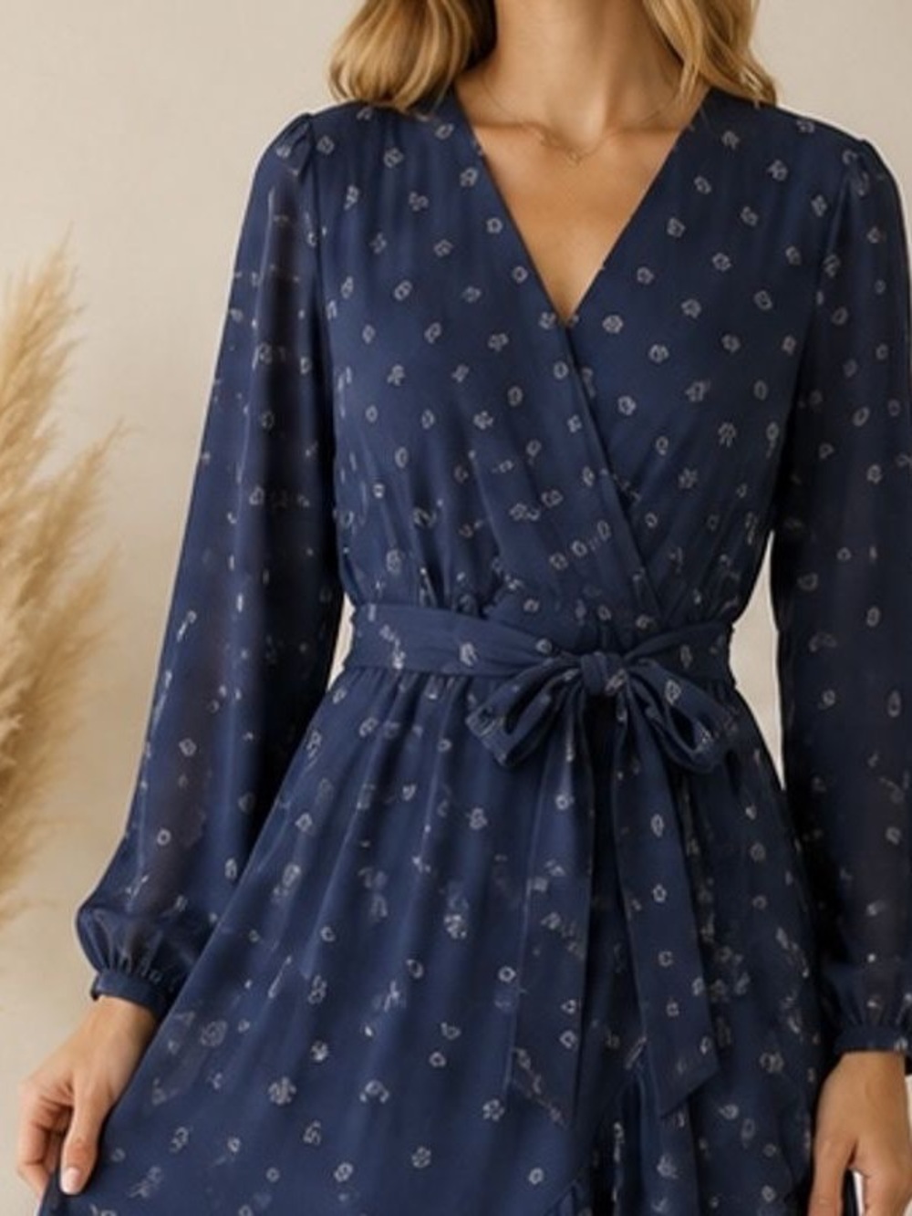 Navy Floral Wrap Midi Dress with Tie Waist